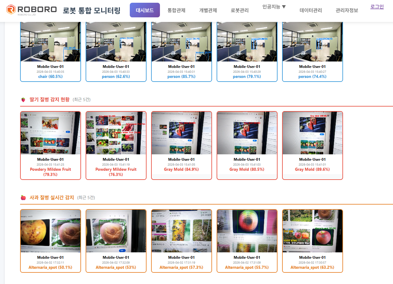 인공지능 기반 로봇 모니터링 · 객체인식 · 질병감지 대시보드